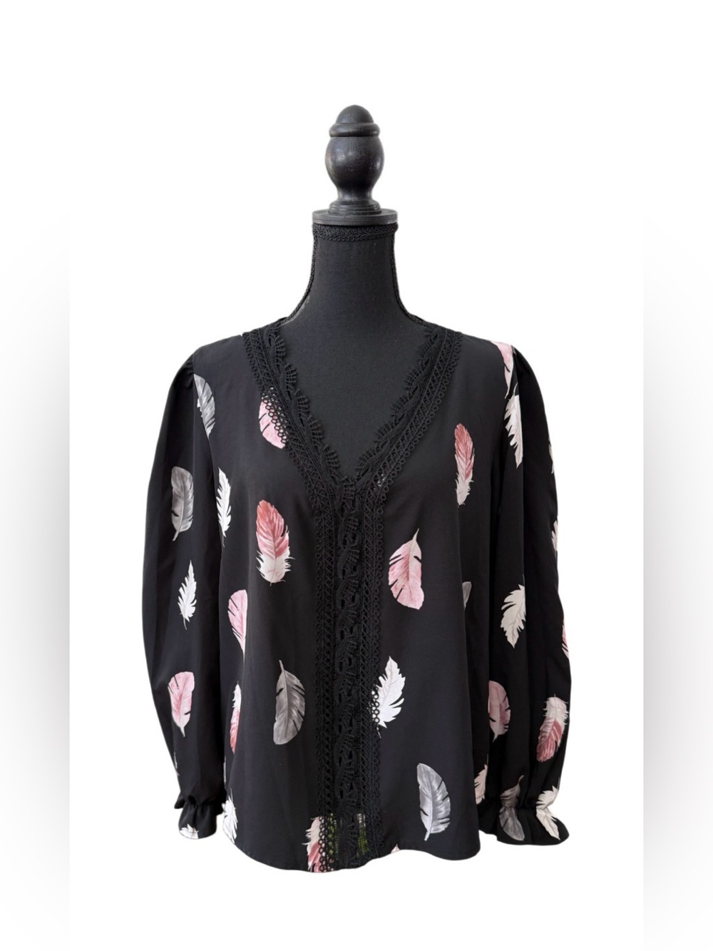 Emery Rose Black V-Neck Blouse with Pink & Gray Feather Print